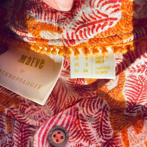 Anthropologie Maeve Top Size 2 Orange Pink Tiger Print Button Up 3/4 Sleeve Boho - Picture 8 of 10